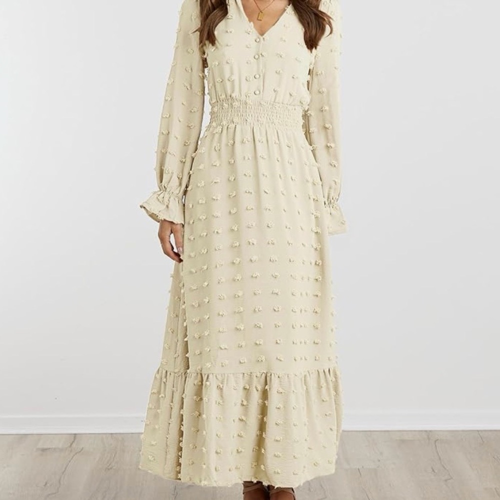 Light Khaki Swiss Dot Maxi Dress Smocked‎ Waist